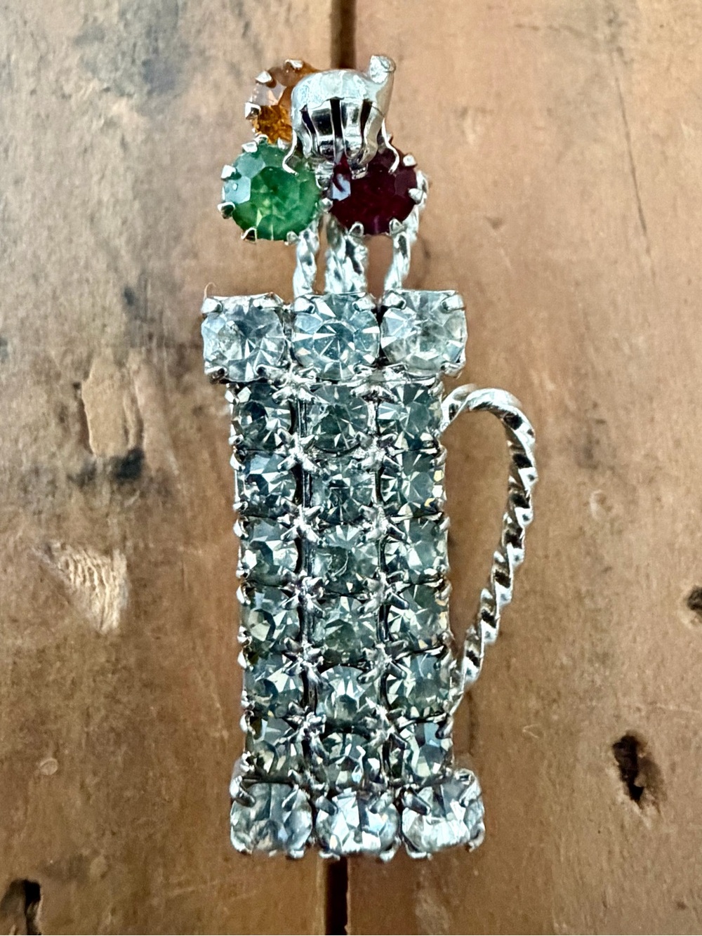 VINTAGE SILVER TONE RHINESTONE GOLF BAG & CLUBS GOLF FIGURAL PIN BROOCH
